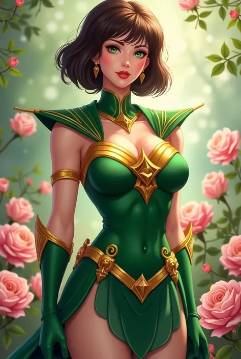 Create me an image in the Korean sailor moon fanart manwha style with a woman with the beauty of a goddess with green eyes and medium short brown hair and bangs with a serious look with a voluptuous and beautiful body, a little muscular and very tall, wear...