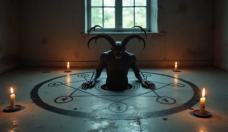 Make an image of a demon with claws emerging partially from the floor in an empty room without furniture,  with mystical symbols and magic circles drawn on the concrete floor with black paint, The magic circles are surrounded by burning candles in an Engli...