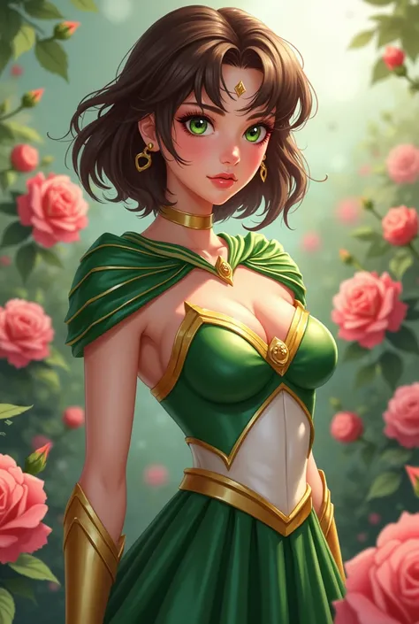  Create me a fanart manwha-style image of Korean sailor Moon with a woman with the beauty of a goddess with green eyes and medium-short brown hair and bangs with a serious look with a voluptuous and beautiful body, a little muscular and very tall ,  wearin...