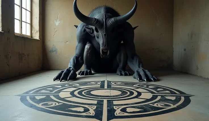 Make an image of a demon with claws, partially emerging only its trunk from the floor in an empty room without furniture,  with mystical symbols and magic circles drawn on the concrete floor with black paint, The circles