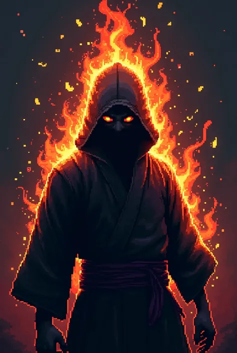 The image of burning flames should form the silhouette of a human face. This face should evoke the appearance of a ninja wearing a ninja costume. The artwork should be created in pixel art style.