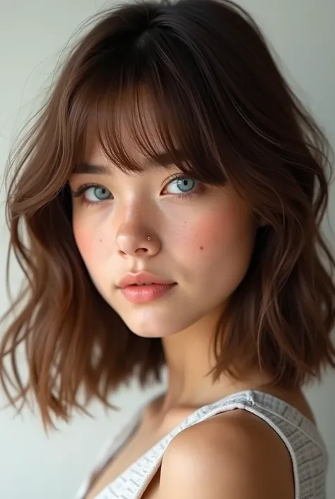 Womens straight hair, haircut in light layers below the shoulders, brown color and straight, fuzzy bangs, youthful and light skin tone, blue-gray eye color 