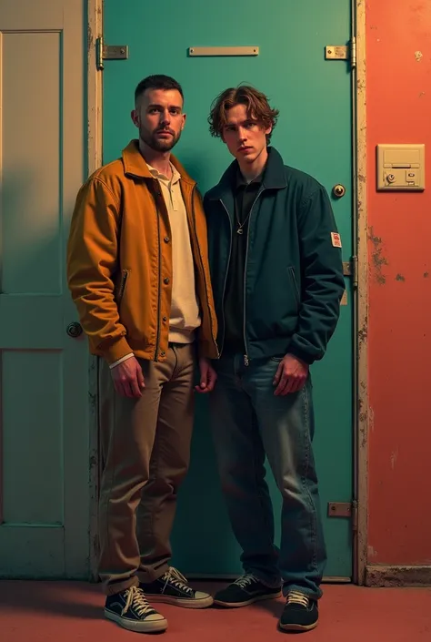 they are two men standing next to each other in a room, an album cover by Thomas Wijck, tumblr, antipodeans, miles johnstone, zac retz, petra collins, liam brazier, in style of petra collins, jakub rebelka, slight smirk, kai carpenter, nick drnaso, charli ...