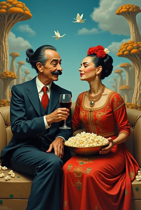 Salvador Dali and Frida Challo eat popcorn and drink wine