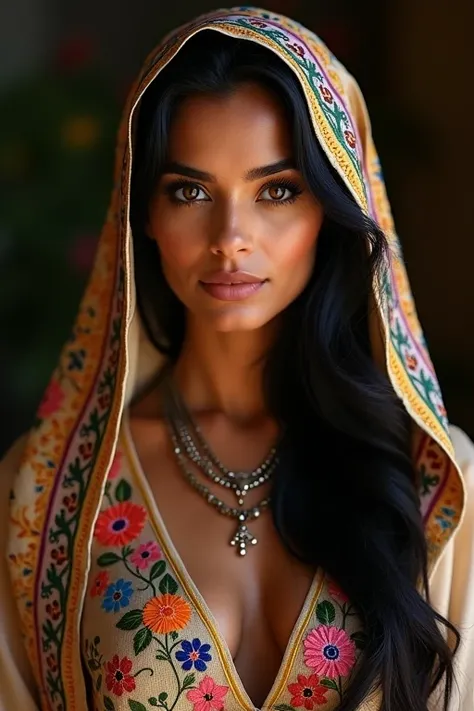 Stunning portrait of an Egyptian woman, She wears an Egyptian peasant scarf on her hair, decorated with embroidery brightly colored flowers. dark-black hair cascading in waves around her shoulders. dark hazel eyes, contrasting beautifully with her traditio...