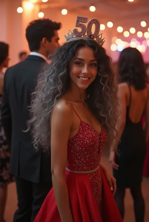 Extremely photorealistic a beautiful youthful looking gray haired Hispanic version of Ariana Grande as a 50 years old woman long curly comple tely hair in a big curls styles her graying hair transition from jet black fading to gray at the ends, her hair co...