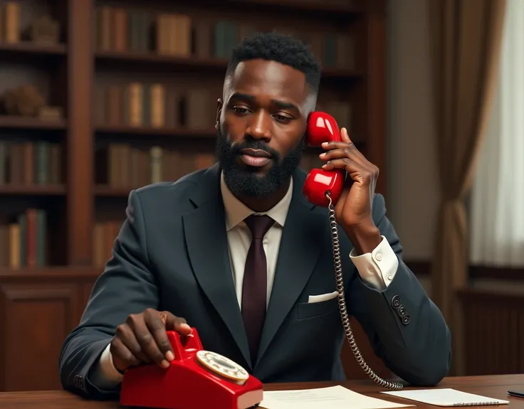 Image en portrait Homme noir en appel avec téléphone filaire rouge dans une bureau vintage