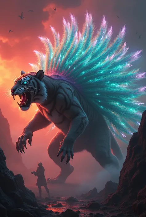 Create a hybrid creature that combines the features of a tiger and a peacock into one seamless, monstrous entity. The creature should have the muscular body and ferocious facial structure of the tiger, fused with the vibrant, feathered elements of the peac...