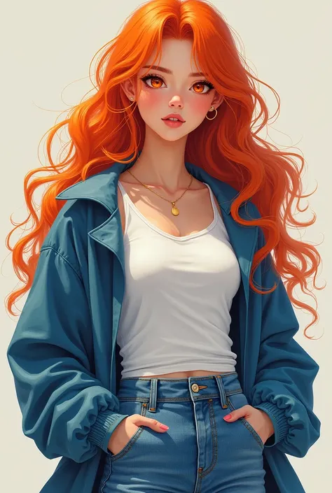 girl with orange hair and orange eyes wearing blue jeans, a white t-shirt and a blue j