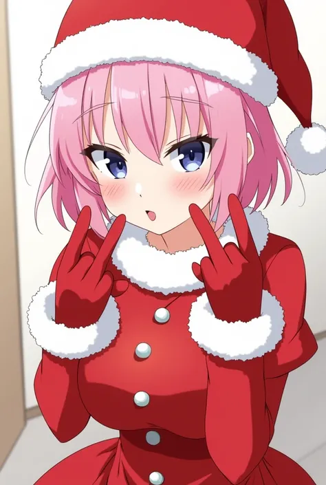 A pink-haired anime-style woman wearing a festive red holiday outfit, complete with a Santa hat. Shes extending two gloved middle fingers in a cheeky gesture, and has her tongue playfully sticking out. The gloves shes wearing are also red, matching her out...