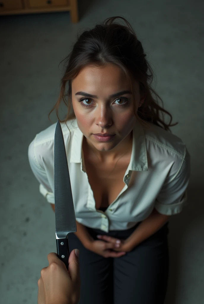 Young american woman kneeling. Her back is arched. Her skinny belly exposed. Hands behind her back. Wearing office clothes, unbuttoned shirt. Chin up. View from top, she looks at viewer. Viewer holds a big knife 