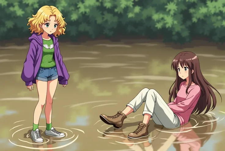 Anime 2 girls in muddy pond
One girl, blonde curly hair, neon purple jacket tied over her shoulders, green crotched top with white wing on the breast, blue jeans shorts, light green socks, dirt coverd white tennis shoes, standing on one leg kneedeep in the...