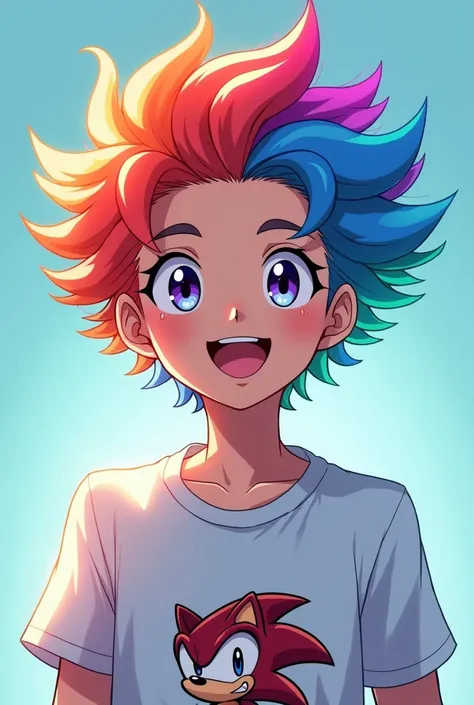  anime boy , hair red orange blue violet green with sonic t-shirt and light blue aura who smiles