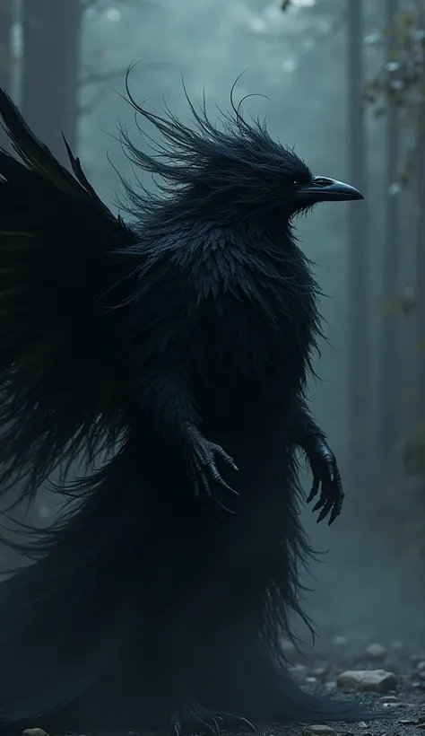  In a dramatic moment, the crow creature begins to morph, its feathers swirling around her like a dark cloud.