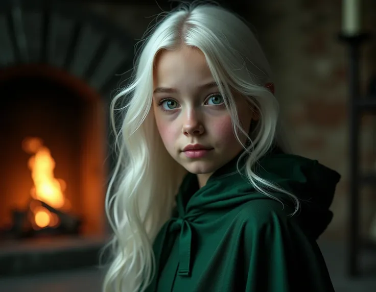 sexy girl,12age, green eyes, princess, white long hair, darkness, 4K, sharp focus, dramatic lighting, studio quality, with girl ,slyherin cloak , white long hair, love, fireplace