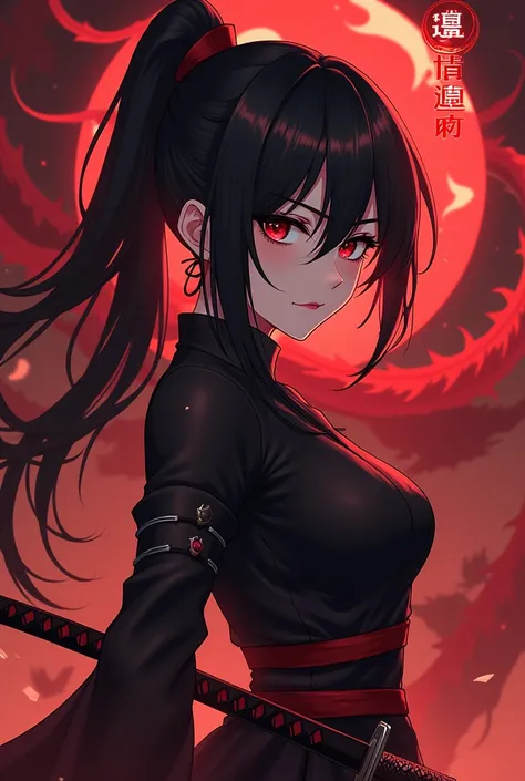 Create a waifu with black hair  , with dark eyes,  holding a katana with a straight arm  ,   and a large red dragon in the background of the image, In the upper right corner there is the Redragon Gaming logo