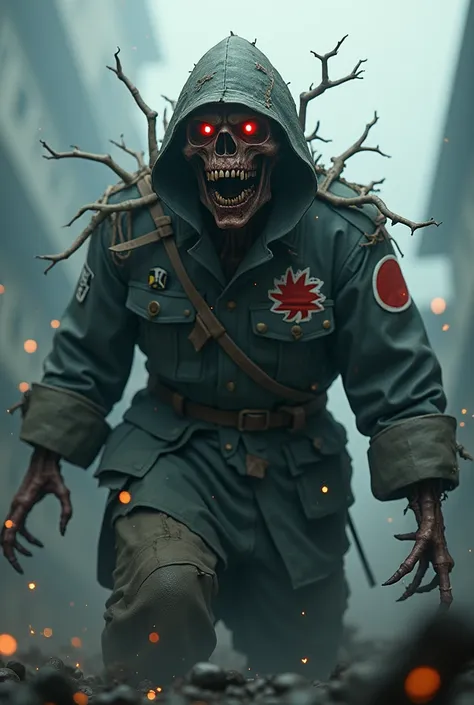 Create realistic image of a scary looking WW2 imperial Japanese zombie monster demon oni yokai skeleton soldier  