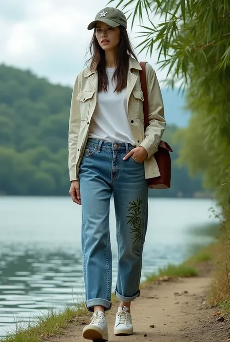 I want to create a boyfriend jeans with bamboo stream on it side of the lake with face cap and jackets 