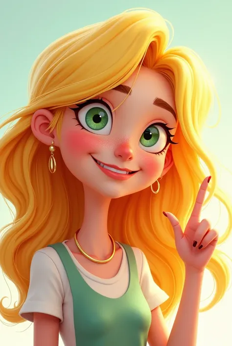 A woman in cartoon style , with bright blond hair ,  light green eyes pointing a finger up 