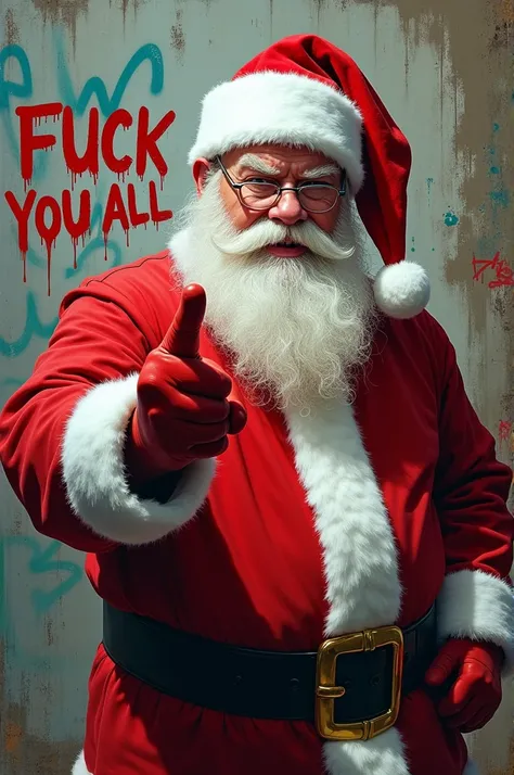 Père Noël qui fait un doigt dhonneur avec inscription graffiti "Fuck you All" 