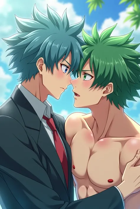 Green haired anime boy Having sex with another bigger and more muscular sky blue haired boy 