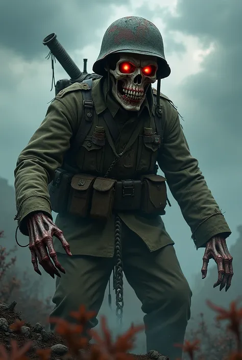 Create realistic image of a scary looking WW2 imperial Japanese with helmet and uniform zombie demon oni yokai skeleton  