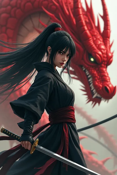 Create a waifu with black hair  , with dark eyes,  holding a katana with a straight arm  ,   and a large red dragon in the background of the image. Create the image in 1980x1080 format