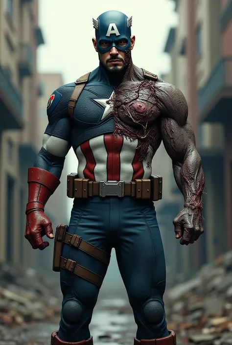 captain America  fusion of zombie version but one side zombie face and other side captain America face What secrets lie within, 3D realistic Scene 