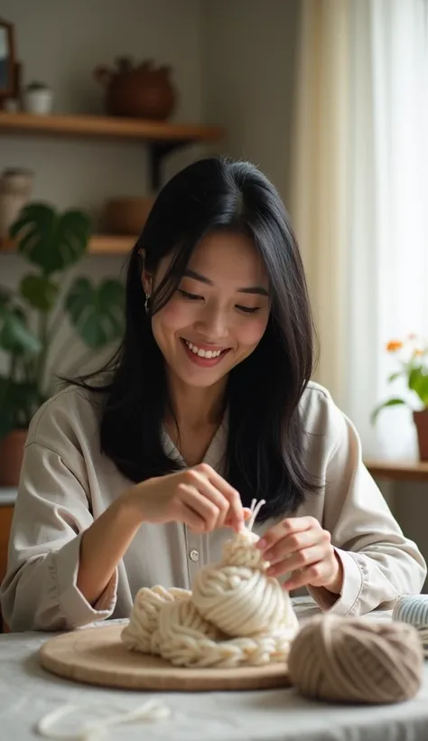  Realistic photograph of a woman in her 40s ,  of straight black hair and brown eyes , of Asian ethnicity. She is at an organized table ,  working on a knitting project ,  with an expression of concentration and satisfaction .  Natural morning light illumi...