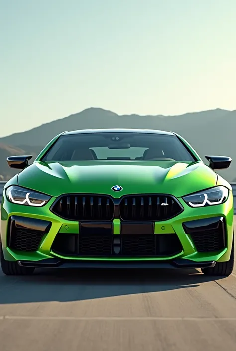 Front View: Create a highly detailed, 4K quality, realistic image of a BMW M8 in a vibrant green color, showcasing the car from the front angle. Emphasize the aggressive grille, sharp headlights, and sporty bumper design. Use natural lighting and a clean b...