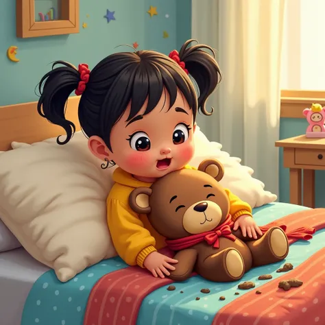 Malaya {3years old baby with bright skin, with two ponys with red ribbon, wearing yellow shirt}, Illustration of indoor scene where Malaya carefully places Teddy on a pile of fluffy pillows. Teddy bear toy, a soft brown bear toy with button eyes and a shin...