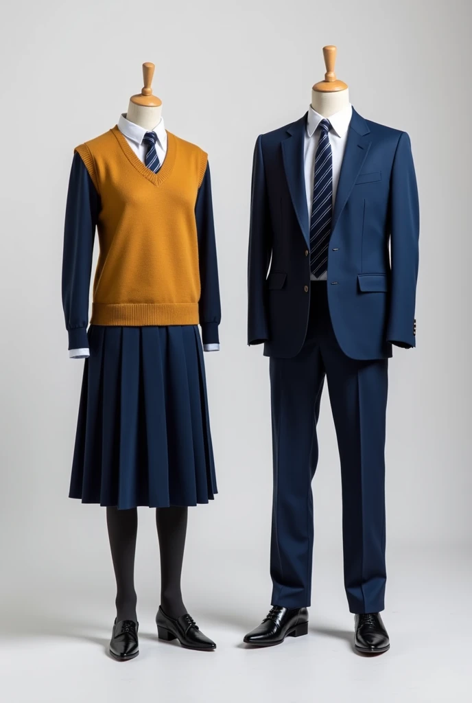 natural view of uniforms for dark blue school students of men and women wearing two mannequins, The background of the photo is white or gray ,  the mans mannequin should be slightly taller than the womans and the shoes should be seen on both mannequins ,  ...