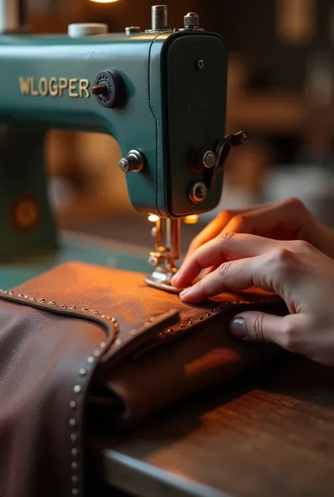 Someones hands coloring dark brown repairing a bag with a blur option showing the sewing machine 