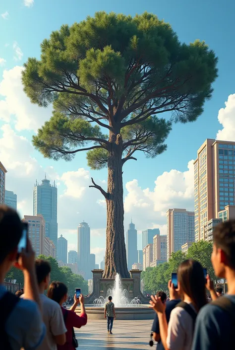 Make a fine and simple pine tree large and several people looking at it with a cell phone in their hand in a city with a fountain and bright buildings 
