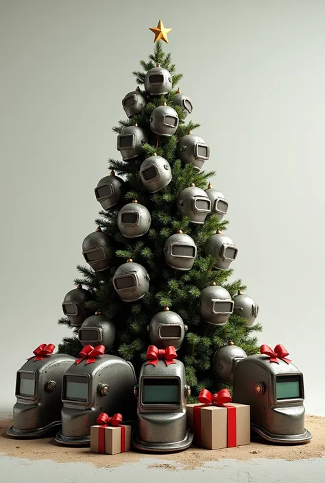 Realistic image of a Christmas tree formed with welding masks,  on the ground next to the tree several welding machines with bows or bows as a gift