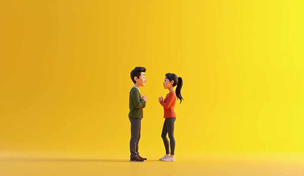 a 2d scene with two adult 3D characters talking to each other with a blank yellow background