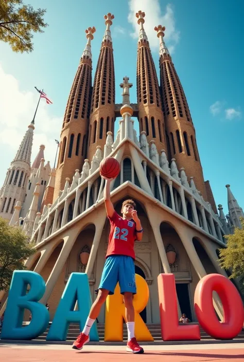 I would like her to be ,  like a young person shooting a basketball to the Sagrada Familia,  dressed in blue or red ,  with festive details and large letters in festive colors .