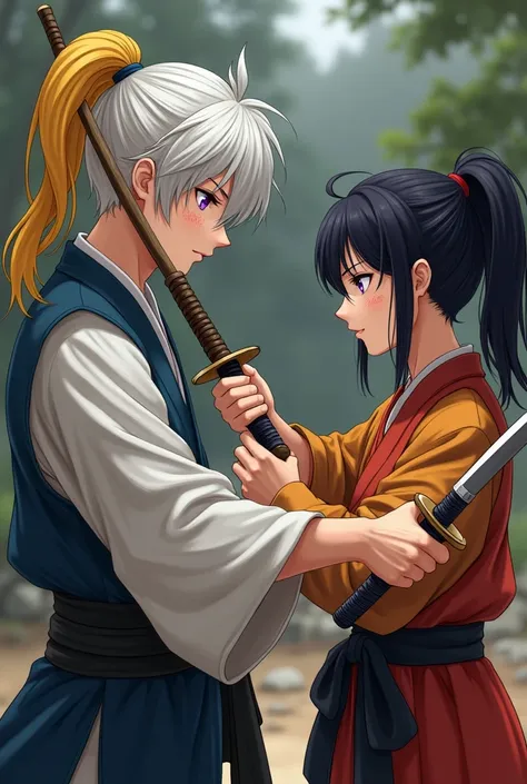  practices with wooden katanas between a tall, white-haired young man with purple eyes and scars, And a woman with short hair tied in a ponytail , with her yellow front locks and the rest of her black hair , 