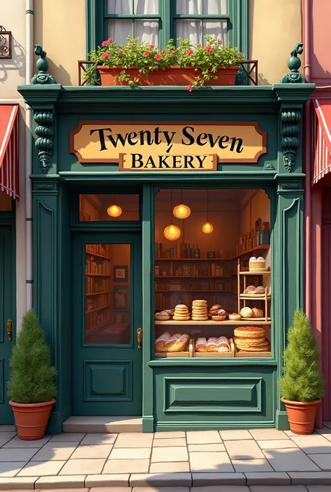 In front of cake and bakery shop with name tag twenty seven bakery in real life no people