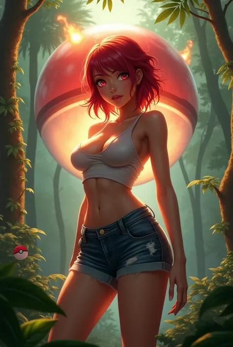 exposed breast,, nsfw,, exposed breast,, exposed breast ,, A cool beautiful sexy woman with red hair colour,she has black red eyes, . wearing a short jeans. mastberball in the sun in the background lit up see through , . she looks energetic, she is standin...