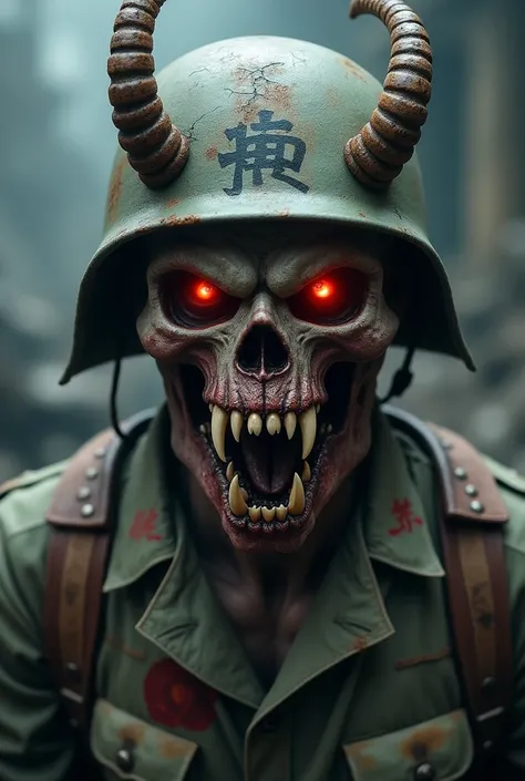 Create realistic image of a scary looking WW2 imperial Japanese with helmet and uniform zombie demon oni yokai devil face