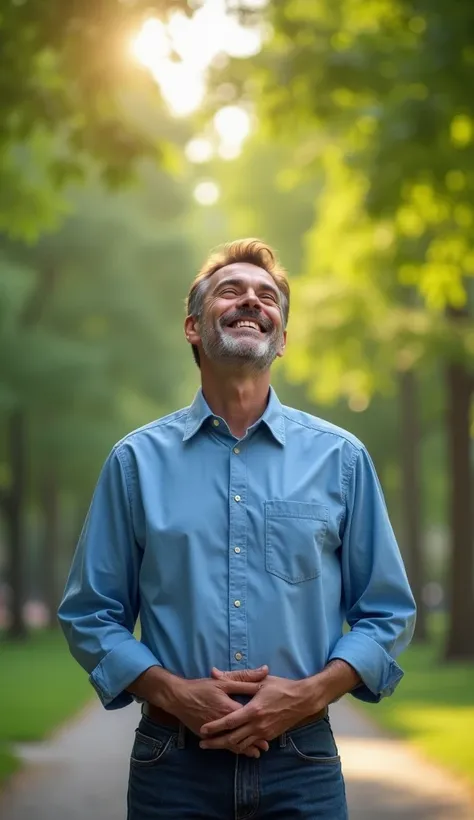 image of a man, 50 years,  smiling,  brown hair , wearing a blue shirt and jeans,  standing in the middle of a park , Hands around the waist ,  head tilted upwards ,  closed eyes ,  smelling fresh air,  expression of happiness