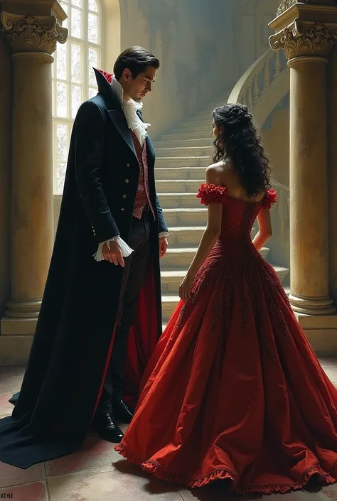 A beautiful Gothic oil painting in the style of Expressionist art  that depicts a classic Dracula (dressed in 1700s style suit) and standing in front of a stairway facing a blonde woman in 1800s style dress (wearing a French "Romantic" style dress with an ...