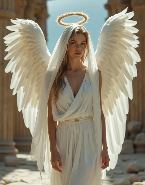 (photorealism:1.2), insanely beautiful woman, most beautiful entity, an angel, has big white wings with soft and fluffy feather, gorgeous wings, a halo abover her head, wears a white chiton dress and a white stola, white veil on her head, ancient backgroun...