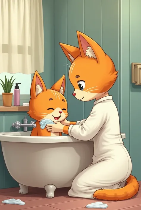 In a simple bathroom, the anthropomorphic female cat,wear her white gown, washes the anthropomorphic  boy cat  with gentle care. His orange fur is lathered with soap as she scrubs away the dirt and grime. Anthropomorphic female cat kneels beside the tub, h...