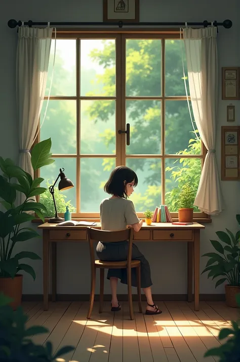 A study table where a girl is sitting alone, in a silent environment, beautiful surrounding little sadness in the girl face to forcus on the study 