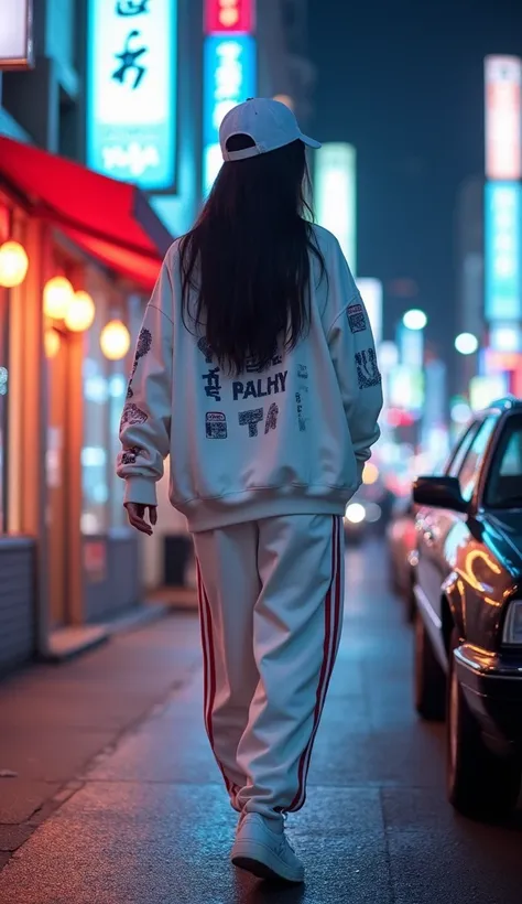  stunning 28yo girl ,long black hair, outfit Harajuku hiphop dance style , in a white shimerring sweater jacket patterned with loose Japanese kanji gravity writing , crop tshirt white ,  big size baggy pants with pockets in white with three red stripp in f...