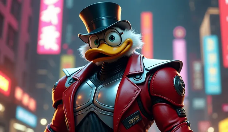 Create a detailed image of a fusion between RoboCop and Uncle Scrooge McDuck. The character has RoboCop’s metallic body and armor, with sleek silver plating and futuristic design, combined with Uncle Scrooges face, top hat, glasses, and signature red coat....