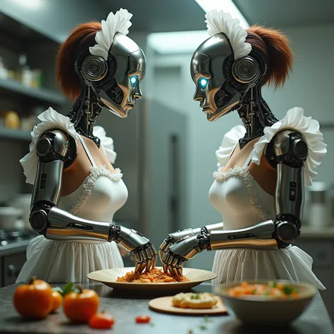 Realistic photography,2 girl, human body,Robotics face, wearing french maids costume, each of them has 4 hands, 4 mechanical hands,cooking in kitchen, details robot face with eyes and mouth.