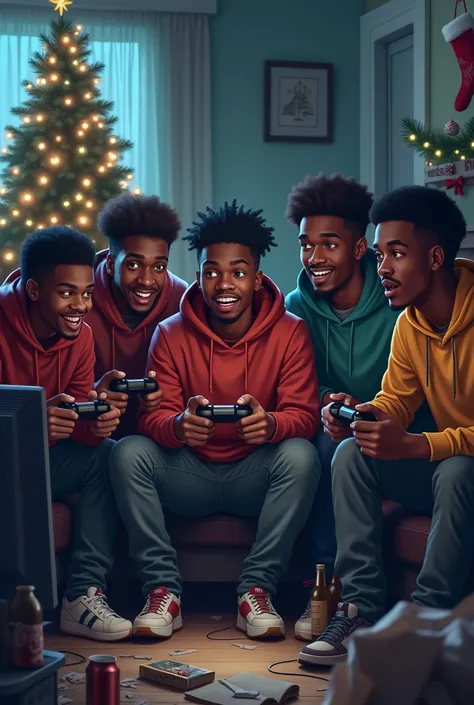 Black guys playing Playstation on Christmas while drinking